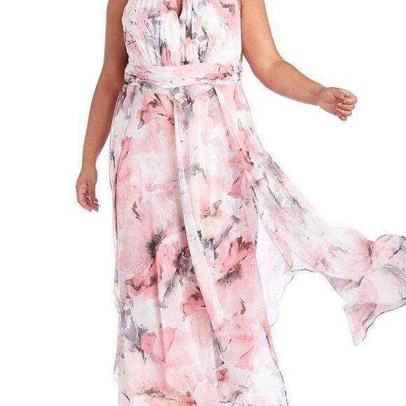 R & M RICHARD KEYHOLE NECK FLORAL CHIFFON MAXI SLEEVELESS‎ HANKY HEM DRES… - Picture 1 of 7